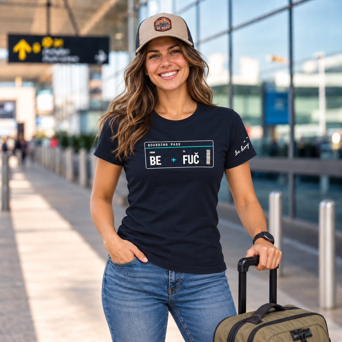 BE ✈️ FUČ – Dámské cestovatelské tričko