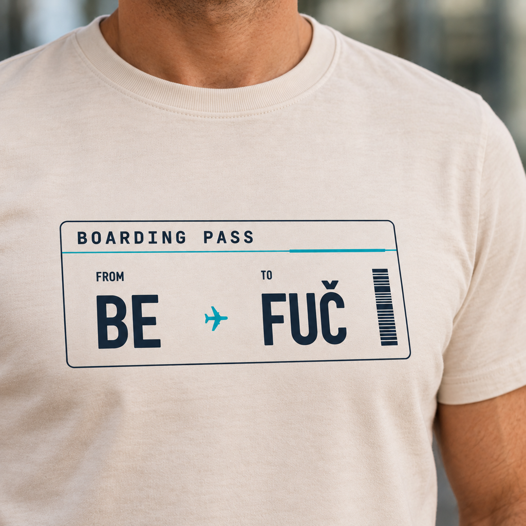BE ✈️ FUČ – Pánské cestovatelské tričko