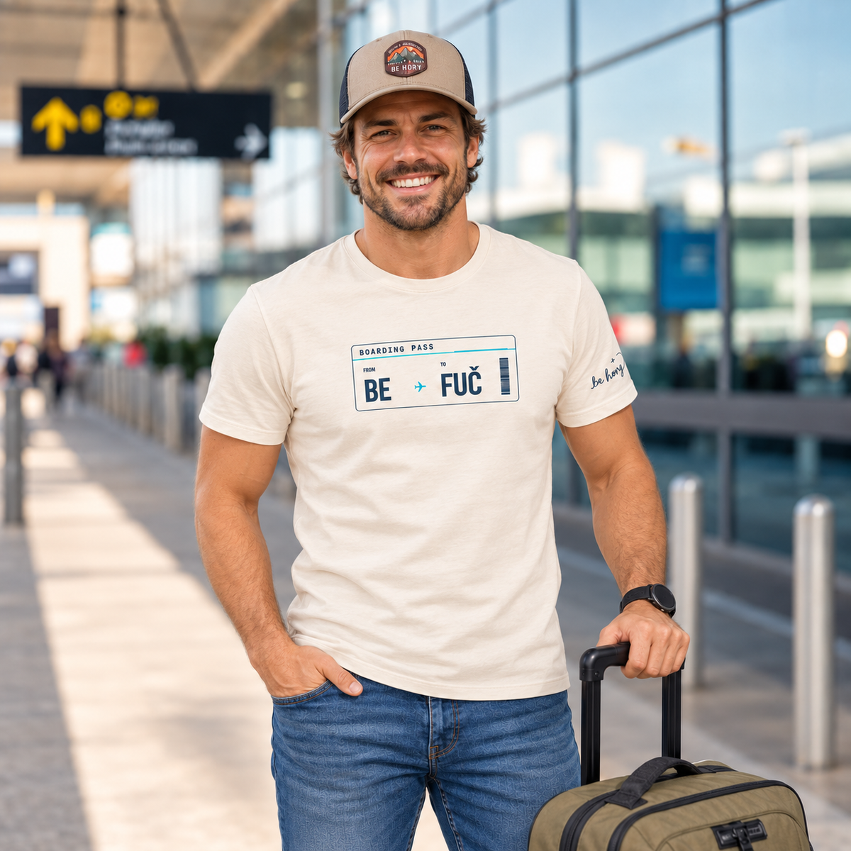 BE ✈️ FUČ – Pánské cestovatelské tričko