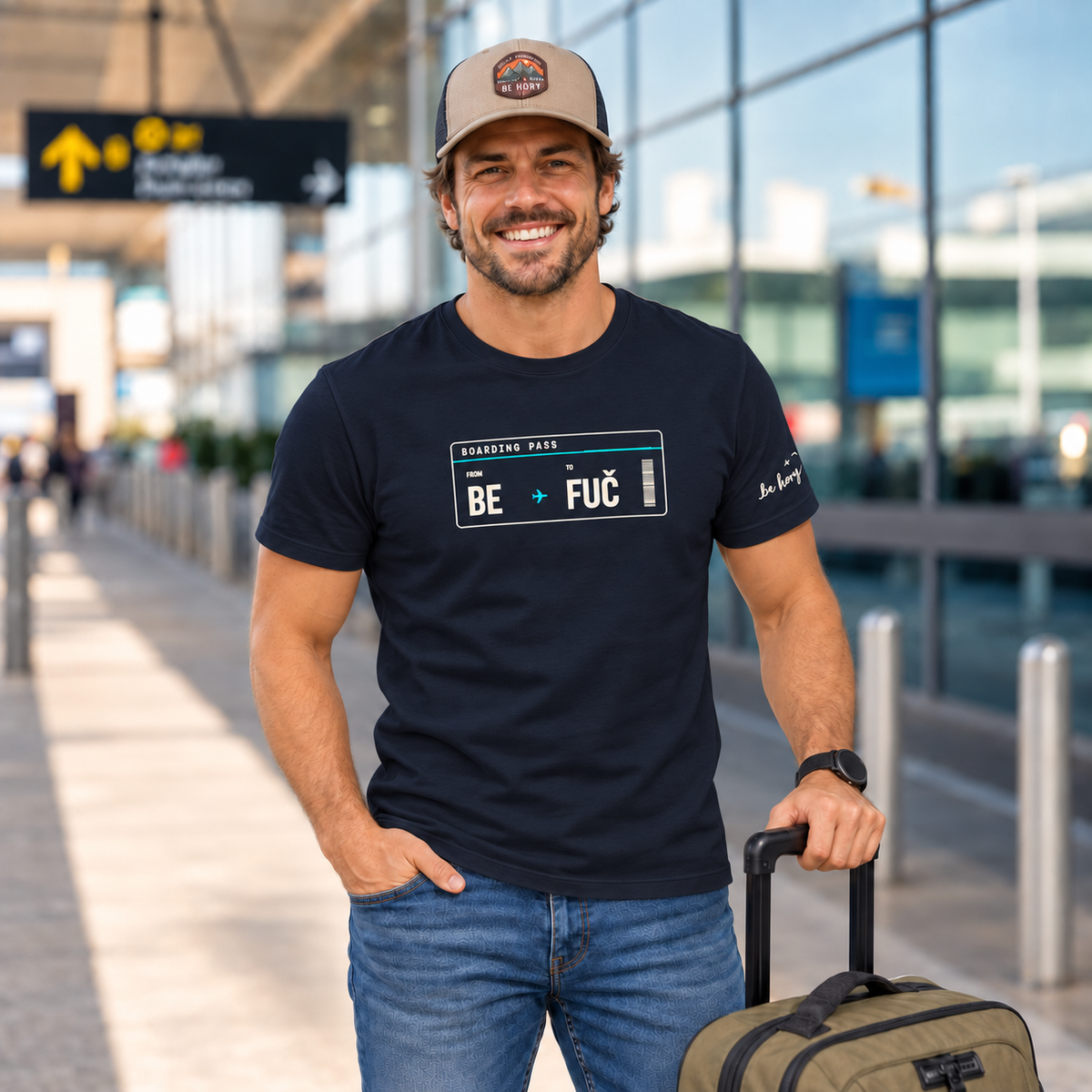 BE ✈️ FUČ – Pánské cestovatelské tričko